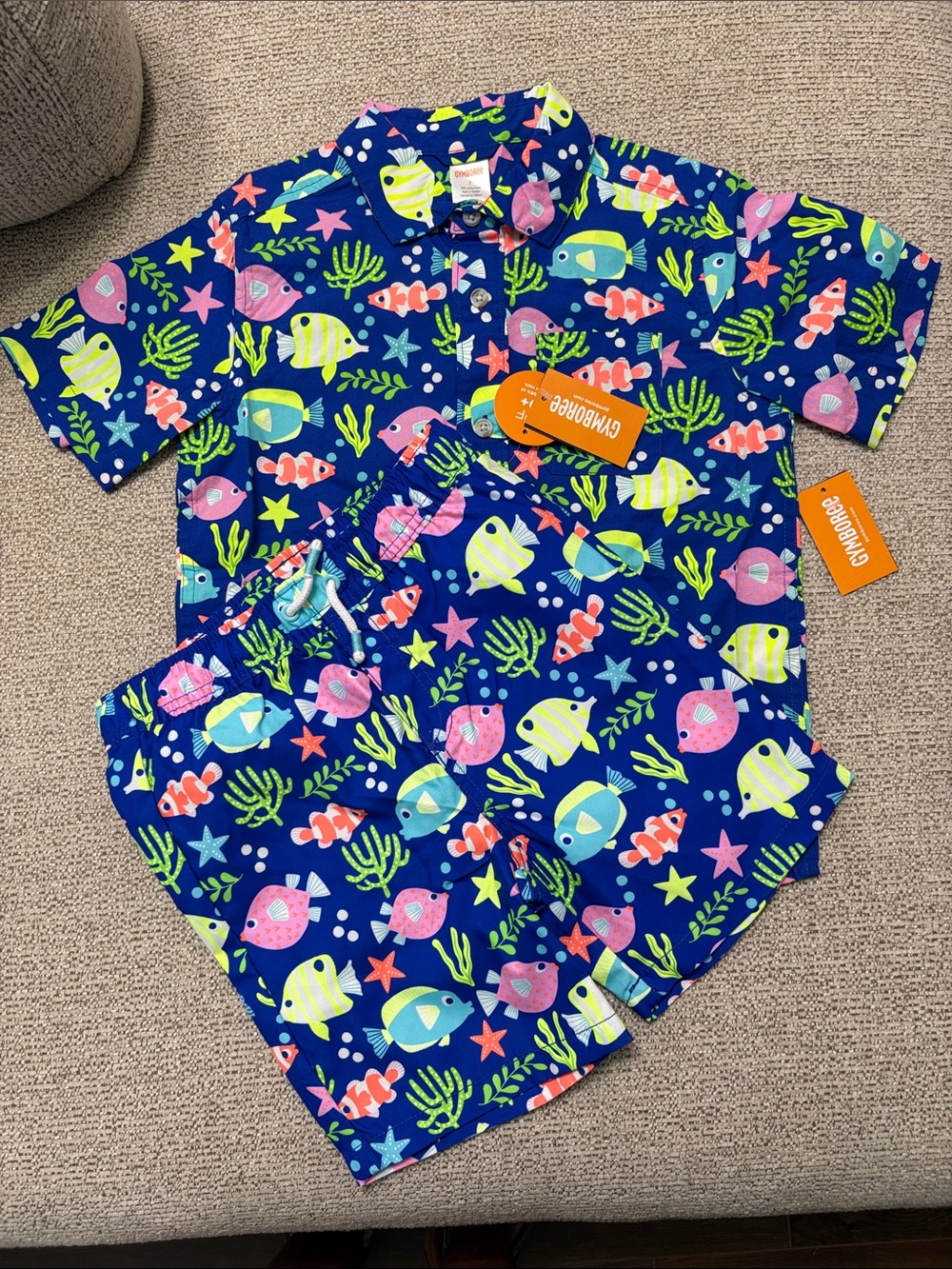 NWT Gymboree Bright Blue  Swim Shirt & Trunks with Bright Fish Print Size 7
